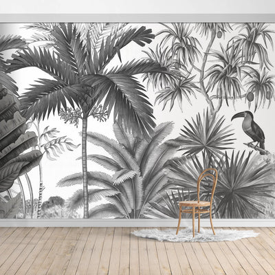 Hawaiian Style Jungle Design Mural/Grey background wallpaper/Palm Leaves/Banana Leaves mural