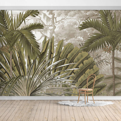 Hawaiian Style Jungle Design Mural/Green Palm Leaves，Green Banana Leaves Wall Mural