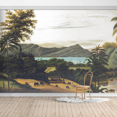 Oiled Landscape painting Mural/Green Palm Leaves/Tropical Scenery Wall Mural/Thai Architecture Wallpaper