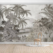 Jungle Design Mural/Grey background wallpaper/Palm Leaves/Banana Leaves mural/Tropical Scenery Wallpaper