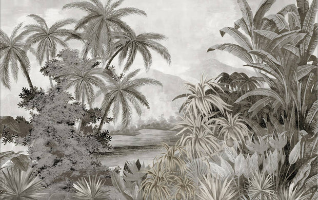 Jungle Design Mural/Grey background wallpaper/Palm Leaves/Banana Leaves mural/Tropical Scenery Wallpaper