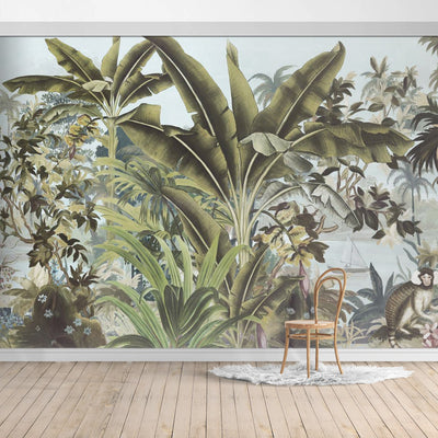 Oiled Painting Jungle Design Mural/Palm And Banana Leaves mural/Tropical Scenery With Monkey Wallpaper