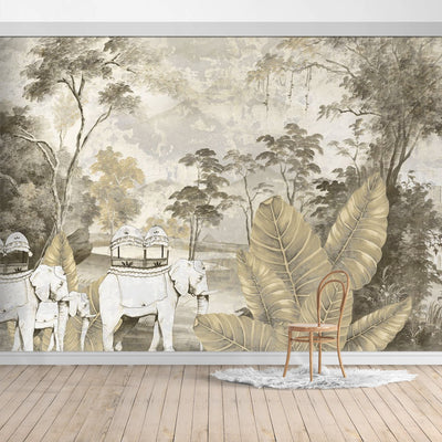 Oiled Painting Jungle Design Mural/Banana Leaves with Elephant mural/Tropical Scenery  Wallpaper