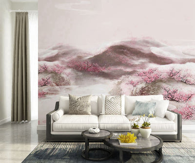 PW20181009028 Natural Wash painting of pink  flower mountain peach blossom branches Mural Wallpaper by SJK