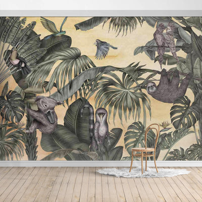 Oiled Painting Jungle Design Wallpaper/Banana Leaves And palm leaves With Animals Mural