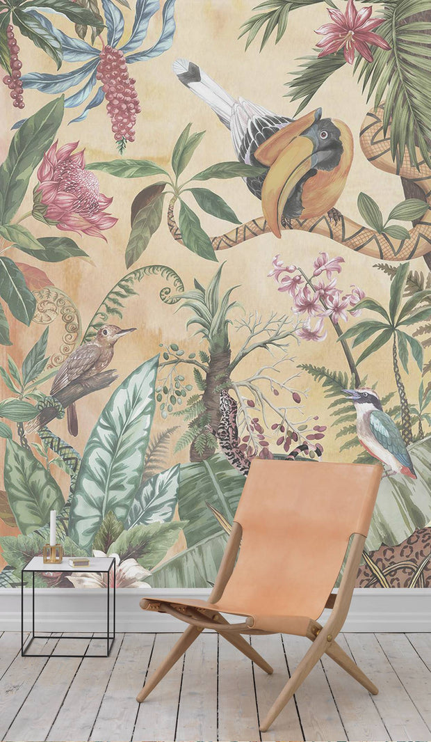 Painting Tropical Design Wall Mural/Banana And palm leaves With Animals Wallpaper