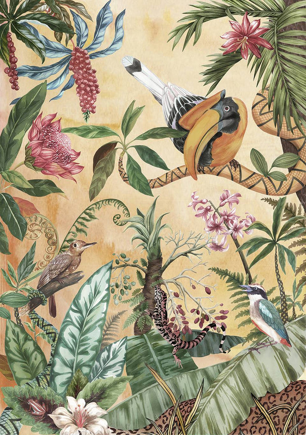 Painting Tropical Design Wall Mural/Banana And palm leaves With Animals Wallpaper