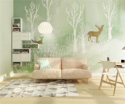 STDM30003 Nordic Watercolor Deer in the Forest Mural Wallpaper by SJK