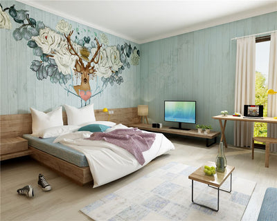 STDM30008 Nordic Mysterious Deer and Wood Panles Mural Wallpaper by SJK